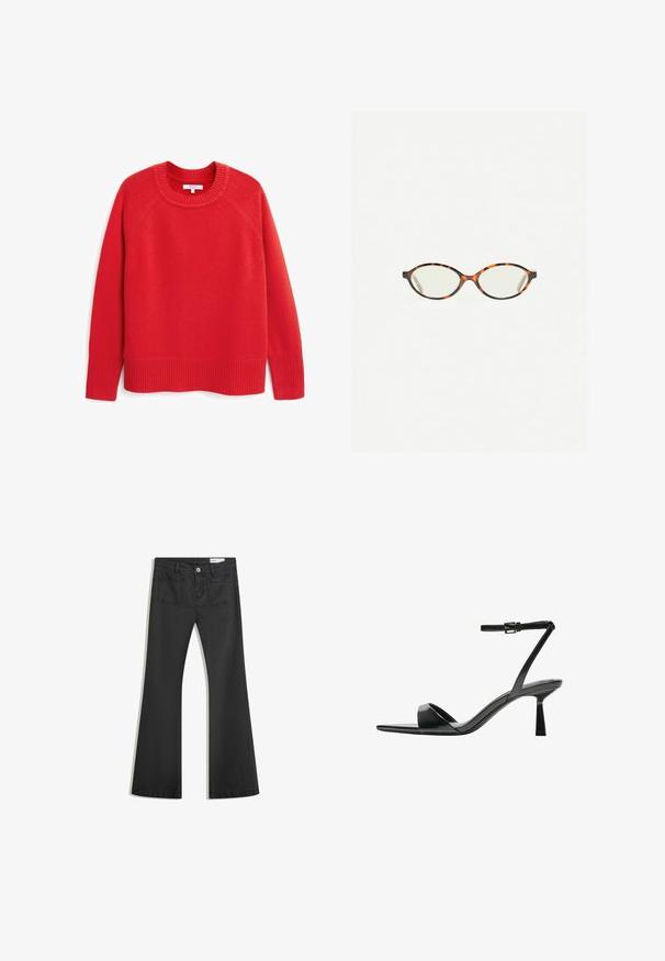 Next CREW NECK - Pulover - red; Črne flare traperke z gladko teksturo, opremljene z dvema zadnjima žepoma in gumbnim zapiranjem v pasu.; Bershka Sandali z visoko peto - black; Kornjačaste očala z ovalnimi lečami in gladko, sijočo površino. Imajo tanke stranice z rahlim ovinkom na templjih. Prosojne leče.
