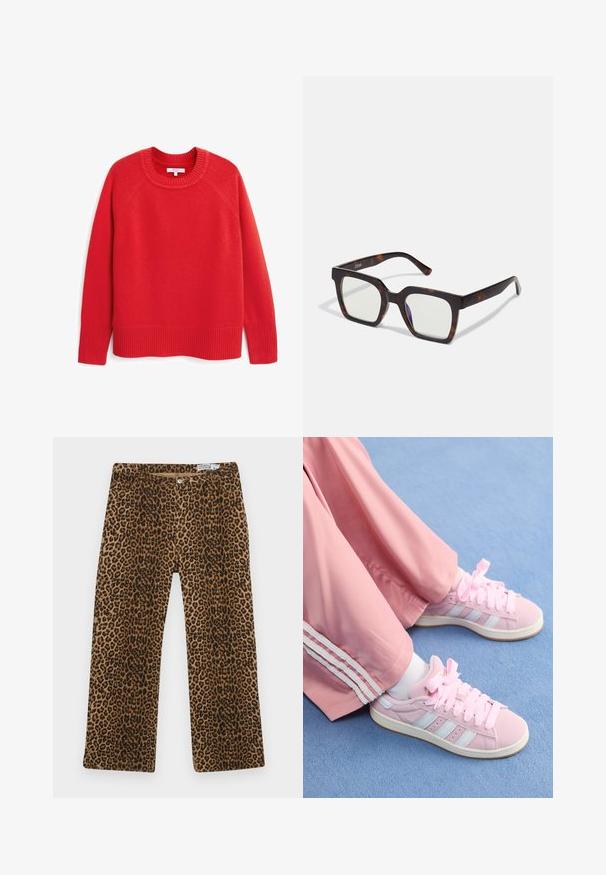 Next CREW NECK - Trui - red; Panterprint broek met een bruin en zwart patroon, rechte pijpen en klassieke vijf-pocket styling. Gemaakt van een katoenen mix.; Roze sportieve schoenen met lichtblauwe strepen, ronde neuzen en dikke roze veters, gecombineerd met roze trainingsbroeken met witte zijstrepen.; Vierkante zonnebril met een frame van schildpad-acetaat en heldere lenzen. Heeft brede pootjes en een matte afwerking, wat de algehele duurzaamheid verhoogt.