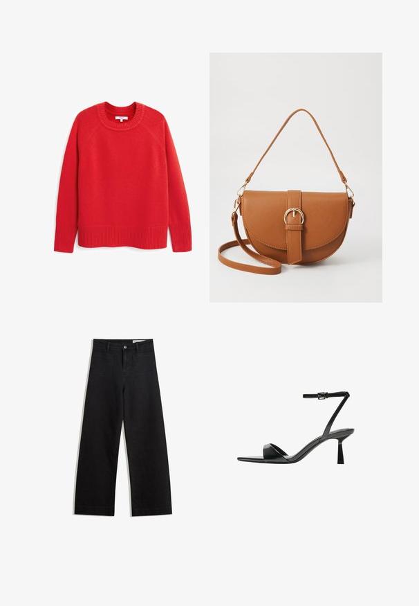 Next CREW NECK - Strickpullover - red; Schwarze weit geschnittene Jeans mit hoher Taille, ausgestattet mit Vorder- und Hintertaschen, gesteppten Nähten und einem Knopfverschluss. Glatte Textur.; Bershka High Heel Sandalette - black; Braune Leder-Crossbody-Tasche mit geschwungener Form, goldfarbenen Beschlägen und einer Schnallenakzentuierung. Verfügt über einen abnehmbaren Schultergurt.