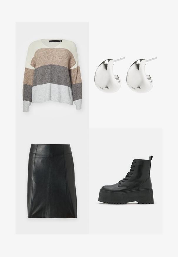 Pull en V avec des rayures horizontales beige, marron et gris clair ; tissu tricoté texturé ; coupe décontractée avec des poignets côtelés.; Jupe en cuir noir au design ajusté. Texture lisse, coutures soulignant la forme et ourlet droit. Apparence minimaliste et élégante.; Bottes noires jusqu'à la cheville avec une semelle épaisse en plateau, en cuir lisse, dotées d'un design à lacets et d'une languette à l'arrière.; Boucles d'oreilles en argent avec un design lisse et courbé. Elles présentent une finition polie et un fermoir à tige pour un port sécurisé.