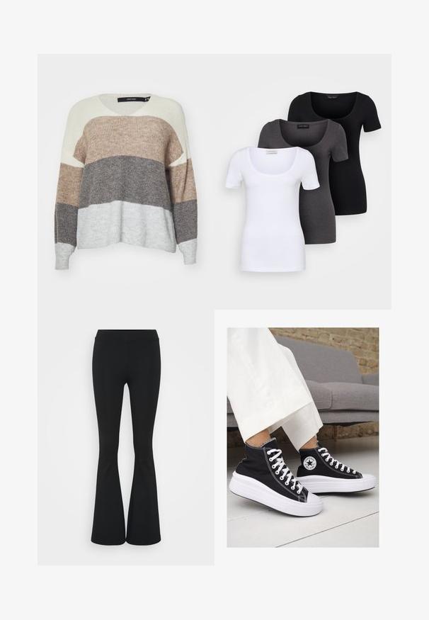 V-hals genser med horisontale striper i beige, brunt og lysegrått; strukturert strikket stoff; avslappet passform med ribbestrikkede mansjetter.; Tre figurerte T-skjorter i hvit, grå og svart. Hver har en bred scoop-nakke og korte ermer. Laget av glatt, elastisk stoff.; Svarte flared bukser laget av elastisk stoff, med høy midje og en glatt tekstur. Buksene vidder ut fra kneet.; Sorte lerrets høy-top sneakers med hvite gummisulinger og snørebånd. Har et rundt logo på siden og kontrasterende hvite sting.