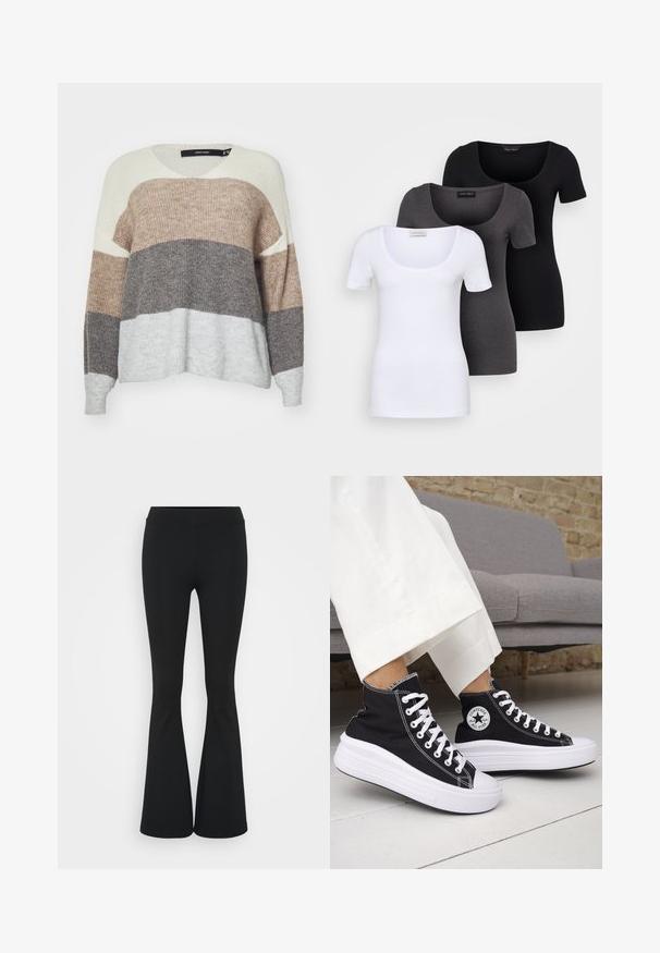 Sveter s výstrihom do V s horizontálnymi pruhmi v béžovej, hnedej a svetlosivej farbe; textúrovaná pletenina; uvoľnený strih s rebrovanými manžetami.; Tričko v bielej, šedej a čiernej farbe s priliehavým strihom. Každé má široký výstrih a krátke rukávy. Vyrobené z hladkej, elastickej tkaniny.; Čierne rozšírené nohavice vyrobené z elastického materiálu, s vysokým pásom a hladkou textúrou. Nohavice sa rozširujú od kolena.; Čierne vysoké tenisky s bielymi gumovými podrážkami a šnúrkami. Obsahujú okrúhlu nášivku s logom a kontrastné biele prešívanie. Materiál je plátený.
