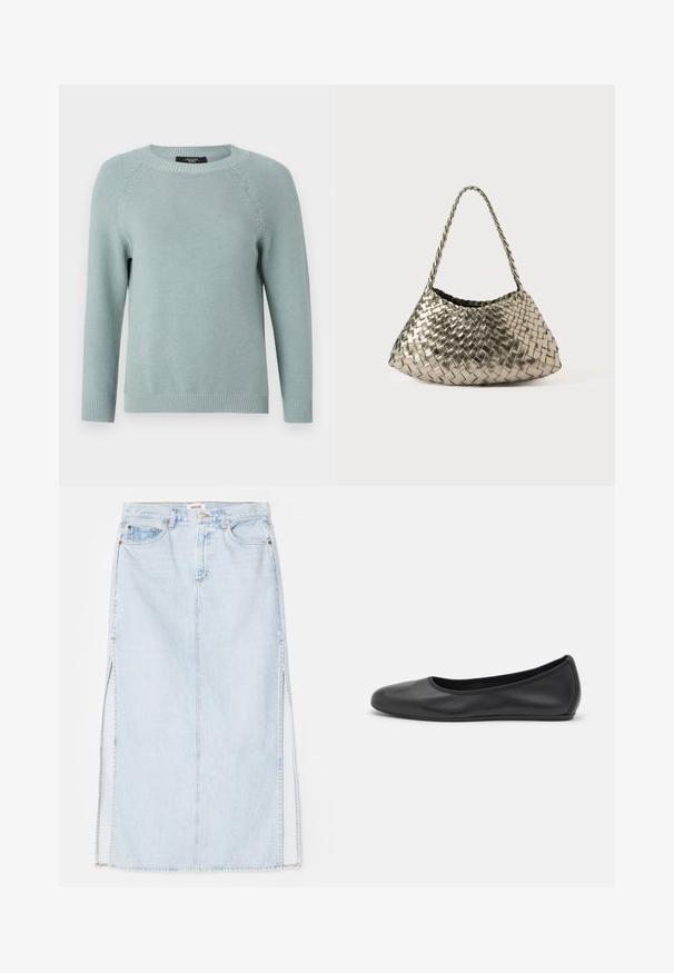 Light blue knit sweater with long raglan sleeves, ribbed neckline and cuffs, and a textured fabric pattern throughout.; Light blue denim maxi skirt with a straight cut, featuring side slits and five-pocket design. Prominent stitching and metal button closure.; Black leather ballet flat with a rounded toe, smooth texture, minimal stitching detail, and a flexible sole design.; Metallic woven handbag with a triangular shape, featuring a braided strap and a velvet-lined interior. Color: silver. Texture: smooth and fabric-like.