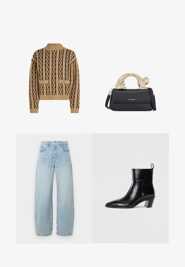 Pulover tricotat în nuanțe de bej și negru, cu un model texturat și linii împletite, două buzunare frontale și accente din butoane aurii pe umăr.; Rochie neagră cu volane, realizată dintr-un material texturat, având multiple straturi și un guler bufant, creând o siluetă voluminoasă.; Jeans din denim de un albastru deschis, cu pantaloni largi, talie înaltă, ușoară decolorare, cinci buzunare și accesorii în ton de aur. Zăbala este dreaptă și nefinisată.; Cizme negre din piele până la gleznă, cu vârful ascuțit, toc geometric patrulat și un manșon pentru tragere în spate. Textură netedă și design elegant.; Geantă de piele neagră cu un mâner în formă de pisică aurie, având clapetă frontală, curea ajustabilă și detaliu cu logo în partea inferioară frontală.