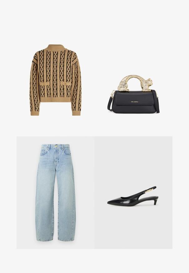 Beige ja musta lõngaga kudum, millel on tekstuurne muster, punutud jooned, kaks eesmist taskut ja kullatud nööbid õlgadel.; Heledad hall sinine teksarikangast laiad püksid kõrge vöökohaga, kerge kulumisega, viie taskuga ja kuldse tooni detailidega. Alläär on sirge ja lõpetamata.; Mustad nahast slingback kontsad terava ninaga, millel on õhuke konts ja kuldse tooni aktsent reguleeritaval rihmal. Sile tekstuur.; Must või voodri tasku ja kuldne kassi kujuline käepide, millel on esine klapp, reguleeritav rihm ja logodetail alumisel ees.