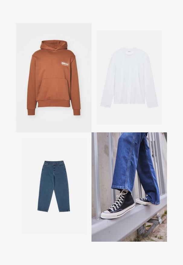 Felpa marrone realizzata in tessuto morbido, con tasca a marsupio e cappuccio. Logo stampato sul lato sinistro del petto in bianco.; T-shirt bianco a maniche lunghe realizzato in cotone. Presenta un classico collo a giro e cuciture delle spalle abbassate, con una texture liscia e uniforme.; Jeans in denim blu con una vestibilità rilassata, vita alta, design a cinque tasche e dettagli di cucitura. Caratterizzati da una chiusura con bottone e zip.; Scarpe da ginnastica nere alte con suola e lacci bianchi, abbinate a jeans di denim blu larghi, appoggiate su un parapetto grigio.