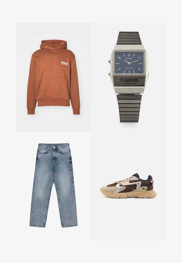 Bruine hoodie van zachte stof, met een kangoeroezak en een capuchon. Bedrukt logo op de linkerborst in het wit.; Lichtblauwe denim jeans met een rechte pijp, zichtbare stiksels, vijf zakken en een knoopsluiting in de taille.; Beige en bruine sneaker met gestructureerde meshpanelen, suède accenten en een rubberen zool. Bevat vetersluiting en merkdetails.; Casio digitale watch met een blauwe wijzerplaat, zilveren kast en gelaagde zwarte rubberen band. Toont de tijd en alarminstellingen. Waterbestendig.