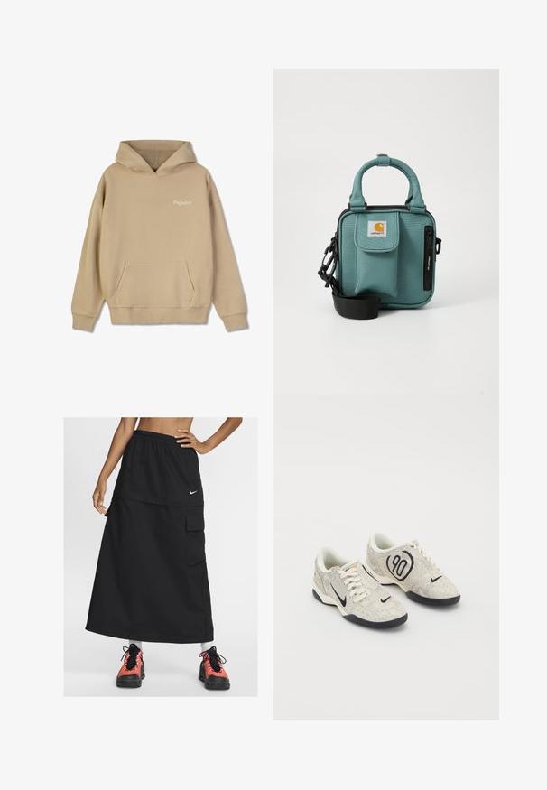 Beżowa bluza z kapturem z przednią kieszenią typu kangur oraz ściągaczami na rękawach. Na klatce piersiowej znajduje się białe logo "Pegador". Gładka faktura.; Czarna sportowa maxi spódnica z elastycznym paskiem w talii, z przednią kieszenią i logo Nike. Noszona z kolorowymi butami sportowymi.; Sneakers Nike z beżową i szaro teksturowaną cholewką, czarnymi akcentami, dużym logo "90" oraz białym wiązaniem. Czarna podeszwa.; Turkusowa torba na ramię z tkaniny, z krótkimi uchwytami, zamykaną na zamek kieszenią, kieszenią na klapce z przodu, regulowanym paskiem oraz logo Carhartt z przodu.