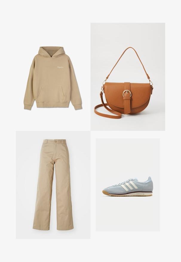 Bežna kapuca s prednjim kengurujem žepom i rebrastim manžetama. Na prsima se nalazi bijeli logo "Pegador". Jednostavna tekstura.; Bež široke hlače iz bombaža, s celicami za gumb in zankami za pas, z gladko teksturo in čisto obdelavo.; Svetlo modri semiš copati s belimi tremi črtami, gumijastim podplatom in teksturirano mrežico. Imajo gladek pokrov prstov in blagovno znamko na peti.; Rjava usnjena torbica prek telesa s ukrivljeno obliko, zlate opreme in sponko. Ima odstranljiv naramni trak.