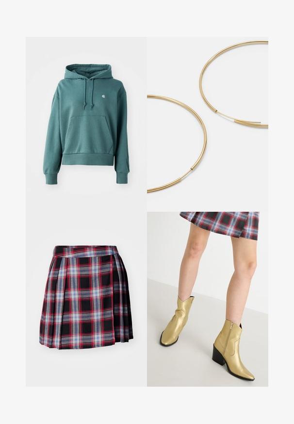 Sudadera con capucha de color azul verdoso, fabricada en un tejido suave, con un bolsillo tipo canguro, puños elásticos y un pequeño logo en el pecho.; Falda de cuadros negros con patrones de cuadros rojos, azules y grises, con plisados y una cinturilla plana para un ajuste estructurado. Textura de tela suave.; Botas metálicas doradas hasta el tobillo con punteras puntiagudas, cierre de cremallera y tacón cuadrado. Textura suave con acentos cosidos y una forma clásica.; Pendientes de aro color dorado, delgados y redondos, con un acabado metálico suave y sin adornos ni patrones.