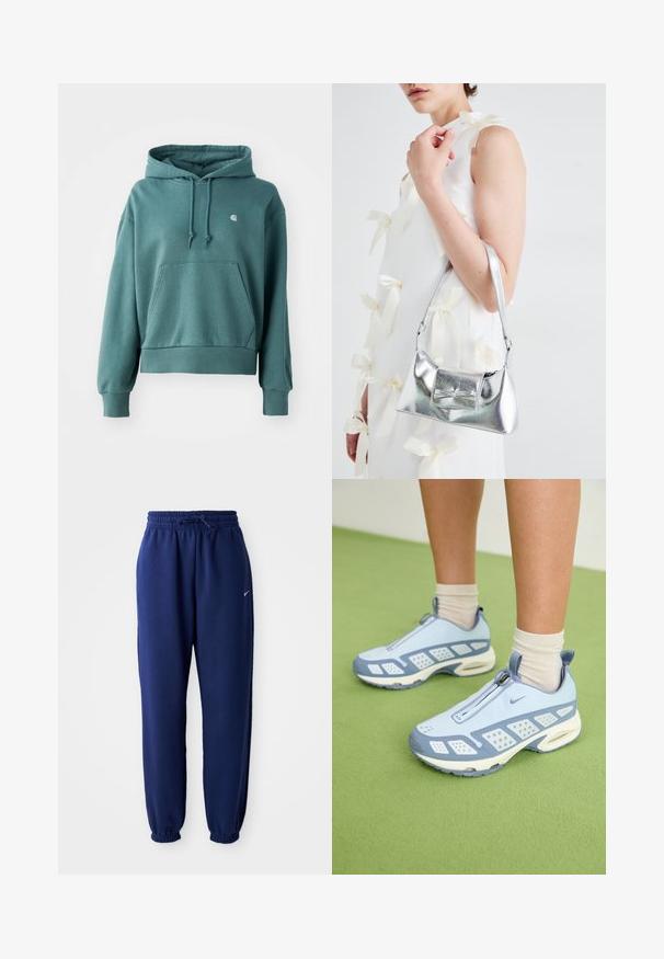 Turkizna kapuca pulover iz mehkega blaga, z kenguru žepom, elastičnimi manšetami in majhnim logotipom na prsih.; Temno modri trenirka hlače iz mehkega blaga, z elastičnim pasom in vrvico, elastičnimi manšeti ter majhnim belim logotipom.; Svetlo modre športne čevlje z belimi poudarki, teksturiranimi paneli in zadrgo. Vključujejo vidno zračno oblazinjenje v podplatu in gumijast podplat.; Srebrna metalna torbica z oblikovano strukturo, ki ima zgornji ročaj in detajl v obliki mašne spredaj. Gladka tekstura, z odsevnimi površinami.