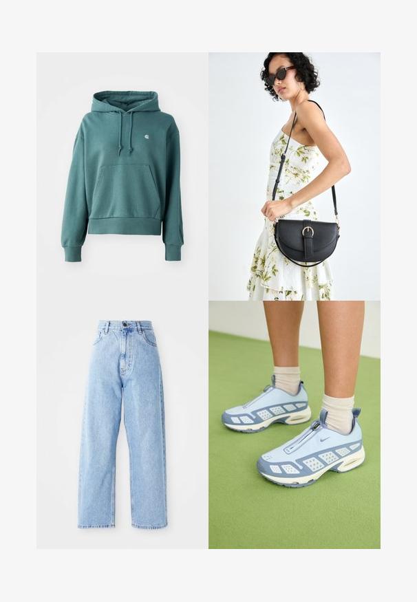 Teal hettegenser laget av mykt stoff, med kengurulomme, elastiske mansjetter og en liten logo på brystet.; Høytlivede lyseblå denimjeans med rette vide ben, frontknapp, glidelåslukking og lommer foran og bak.; Lyseblå treningssko med hvite detaljer, strukturerte paneler og glidelås. Har en synlig luftputesåle og gummisåle.; Svart lærveske med en buet form, avtagbar stropp og gullbeslag. Vesken har et klaff med spenne-detall.