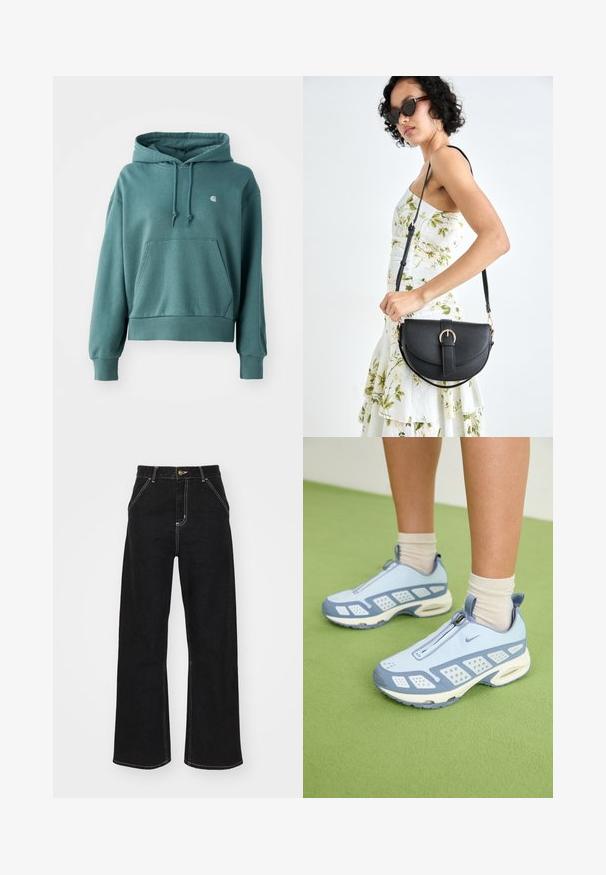 Teal hettegenser laget av mykt stoff, med kengurulomme, elastiske mansjetter og en liten logo på brystet.; Svarte vide jeans laget av denim, med kontrasterende hvite sømmer og en frontknapplukking, samt to skrå frontlommer.; Lyseblå treningssko med hvite detaljer, strukturerte paneler og glidelås. Har en synlig luftputesåle og gummisåle.; Svart lærveske med en buet form, avtagbar stropp og gullbeslag. Vesken har et klaff med spenne-detall.