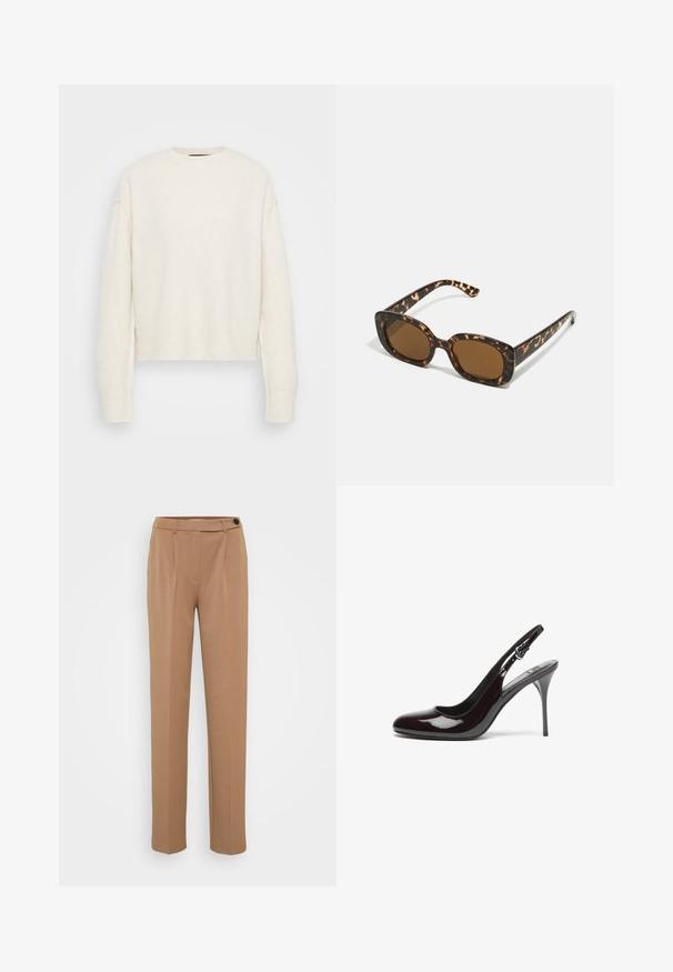 Hvit strikket genser med rund hals og avslappet silhuett. Har ribbestrikkede mansjetter og hem, laget av et mykt teksturert materiale.; Brune skreddersydde bukser med rett ben, med en enkelt knappelukking og plisserte detaljer foran. Glatt tekstur, minimalistisk stil.; Burgunderfargede patentlæder slingback hæle med rund tå, en slank høj hæl og justerbar rem. Glat tekstur med glansfuld finish.; Skilpaddeskall solbriller med en rund, kraftig ramme og brune linser. Har subtile mønstre og rett, avsmalnende armer.