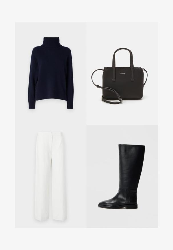 Tume sinise värvi kõrge kaelusega kerge kootud kampsun, millel on mugav lõige, soonikkoes krae ja varrukate otsad, sile tekstuur ja ilma nähtavate mustriteta.; Valged laiad püksid siledast tekstuurist, millel on tasane esiosa ja pressitud voldid. Valmistatud kergest kangast, ilma nähtavate mustriteta.; Mustadast mustad nahast põlve kõrgus kingad, ümarate varvastega, siledast tekstuurist, minimalistlikus disainis ja lame tallaga. Lihtsad õmbluse detailid varrel.; Musthave mustrans vöö ja eemaldatav õlarihm. Gludike nahk siledaga, millel on tõmblukk ja logo detail.