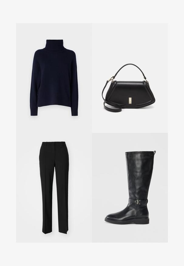Navy turtleneck sweater made of soft knit fabric, featuring a relaxed fit, ribbed collar, and cuffs, with a smooth texture and no visible patterns.; Black tailored trousers with a straight-leg design, featuring a smooth texture and crisp creases along the front. No visible hardware.; Black leather knee-high boot with low heel, round toe, and metallic "CK" logo buckle strap around the ankle.; Black leather handbag with a structured design, featuring a cropped shape, top handle, and gold hardware accent. Adjustable shoulder strap included.