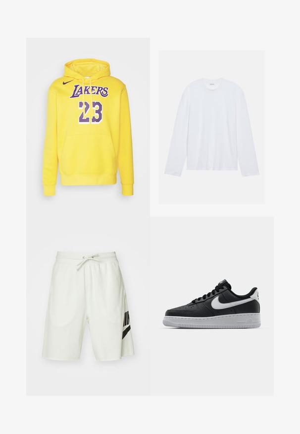 Felpa con cappuccio gialla e tasca frontale, con la scritta "LAKERS" in viola e "23" in bianco e viola. Realizzata in morbido tessuto testurizzato.; T-shirt bianco a maniche lunghe realizzato in cotone. Presenta un classico collo a giro e cuciture delle spalle abbassate, con una texture liscia e uniforme.; Shorts in cotone grigio chiaro con vita elasticizzata, cordoncino regolabile e logo Nike nero sul lato sinistro.; Sneaker in pelle nera con superficie texture, baffo Nike bianco, suola grigia, punta rotonda e design con lacci. Presenta delle perforazioni sulla punta.
