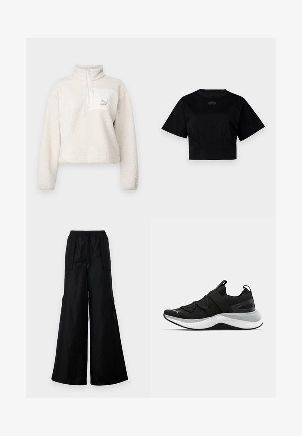 Heled värvi fliispullover kõrge kraega ja poolsiiliga. Omab esipocketit ja väikest logo taskul. Pehme tekstuur.; Must must t-särk, mis on valmistatud puuvillast. Omab lühikesi varrukaid ja ümarat kaelaauku. Sisaldab rindkerel peent logo detaili.; Mustad laiad cargo püksid on valmistatud siledast ja kergest kangast. Omavad elastset vööd, reguleeritavat nööri ja küljetaskuid.; Must have tekstuuriga ülemise osaga mustad spordijalatsid, elastsete rihmade ja paksu valge vaheosaga. Omab halli aktsenti talla ääres.