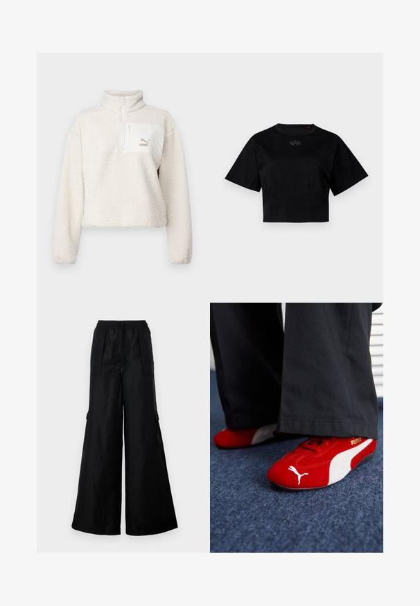 Jasny polarowy sweter z wysokim kołnierzem i zamkiem błyskawicznym do połowy. Posiada przednią kieszeń oraz małe logo na kieszeni. Miękka tekstura.; Czarny krótki t-shirt wykonany z bawełny. Posiada krótkie rękawy i okrągły dekolt. Zawiera subtelny detal z logo na klatce piersiowej.; Czarne szerokie spodnie cargo wykonane z gładkiego, lekkiego materiału. Posiadają elastyczny pas, sznurek do regulacji oraz boczne kieszenie.; Czerwone zamszowe sneakersy z białymi akcentami, z teksturowanym materiałem, okrągłym noskiem i złotym logo z boku, noszone z czarnymi spodniami.