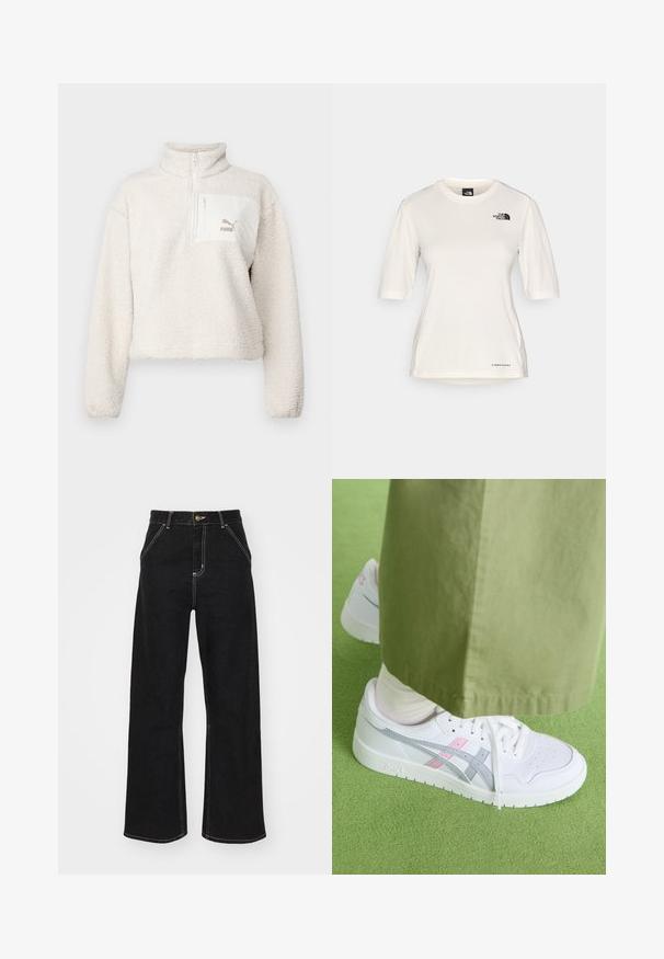 Světle zbarvený fleecový pulovr s vysokým límcem a polo zipem. Má přední kapsu a malé logo na kapse. Měkká textura.; The North Face SHADOW SHORT SLEEVE - Sportovní tričko - white dune; Černé široké džínsy vyrobené z denimu, s kontrastním bílým prošitím a předním zapínáním na knoflík, se dvěma šikmými předními kapsami.; Bílé tenisky s šedými a růžovými akcenty, s hladkým koženým svrškem, perforovanou špičkou a plochou bílou podrážkou, obuté s olivově zelenými kalhotami.