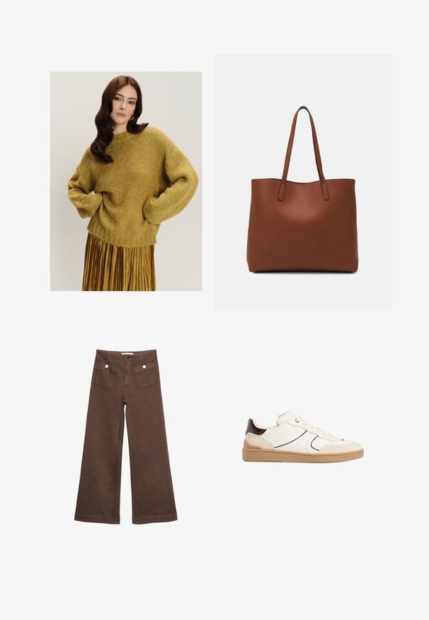 Senfgelber Strickpullover mit überschnittenen Schultern, geripptem Saum und weicher Textur, kombiniert mit einem golden plissierten Rock.; Braune weit geschnittene Hosen aus Baumwolle, mit zwei Fronttaschen mit silbernen Knöpfen und einer glatten Textur.; Stradivarius Sneaker low - white; Braune Leder-Tote mit glatter Textur, offenem Oberteil und zwei Schulterriemen. Verfügt über minimale Nähte und keine sichtbaren Beschläge.