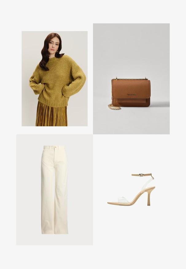 Maglione di lana senape con spalle scese, orlo a coste e una consistenza morbida, abbinato a una gonna plissettata dorata.; Polo Ralph Lauren COTTON CORDUROY WIDE-LEG PANT - Pantaloni - warm white; Sandal con tacco trasparente e parte superiore trasparente, plantare beige e una sottile cinghia alla caviglia. Presenta una punta appuntita e un tacco alto e sottile.; Borsa a tracolla in pelle marrone con texture, dotata di catena dorata e chiusura a pattina. Sul davanti presenta un dettaglio con logo e una tasca sotto la pattina.