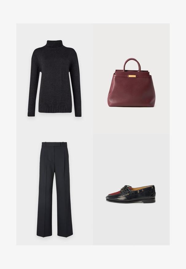 Dunkelgrauer Rollkragenpullover aus strukturiertem Strickmaterial, mit langen Ärmeln und gerippten Bündchen sowie Saum.; Weißes Langarmhemd aus glattem Stoff, mit einem Kragen und einer Knopfleiste mit hellrosa Knöpfen.; Dunkelblaue Nadelstreifenhosen mit hoher Taille, weit geschnittenem Bein und ohne sichtbare Beschläge oder Verzierungen. Glatte Textur und taillierte Passform.; Schwarze Lederschuhe im Boot-Stil mit einer roten Wildleder-Spitze, goldenen Ösen und einer dekorativen Schleife. Glatte Textur mit einem niedrigen Blockabsatz.; Burgunderfarbene Leder-Handtasche mit strukturiertem Design, ausgestattet mit einem Griff an der Oberseite und goldfarbenen Akzenten. Glatte Textur ohne sichtbare Muster.