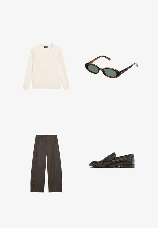 Kremowy sweter z dekoltem w kształcie litery V, wykonany z miękkiego materiału, z długimi rękawami, prążkowanymi mankietami i dołem oraz luźnym krojem. Minimalistyczny design bez wzorów.; Brązowe, szerokie spodnie wykonane z teksturowanej tkaniny, z plisowanym przodem, paskami i guzikami na dole.; Czarne skórzane mokasyny z frędzlami na czubku, płaską podeszwą i przeszyciem na górze. Gładka faktura i minimalistyczny styl.; Okulary przeciwsłoneczne w kolorze tortoise z owalnymi oprawkami i zielonymi soczewkami. Posiadają cienkie zauszniki z metalowym akcentem przy zawiasach.; Torba na ramię z ciemnobrązowej skóry z cienkimi podwójnymi uchwytami i srebrnym prostokątnym klamrą na przednim pasku.