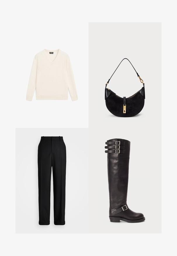Cream v-neck sweater made of soft fabric, featuring long sleeves, ribbed cuffs and hem, and a relaxed fit. Minimalist design with no patterns.; Polo Ralph Lauren HIGH RISE RELAXED STRAIGHT TROUSER - Trousers - black; Black leather knee-high boot with a rounded toe, three strap buckles at the top, and a side buckle detail. Flat sole and smooth texture.; Black handbag with a curved shape, made of suede and leather, featuring a gold-tone zipper and a logo detail. Includes a short handle.