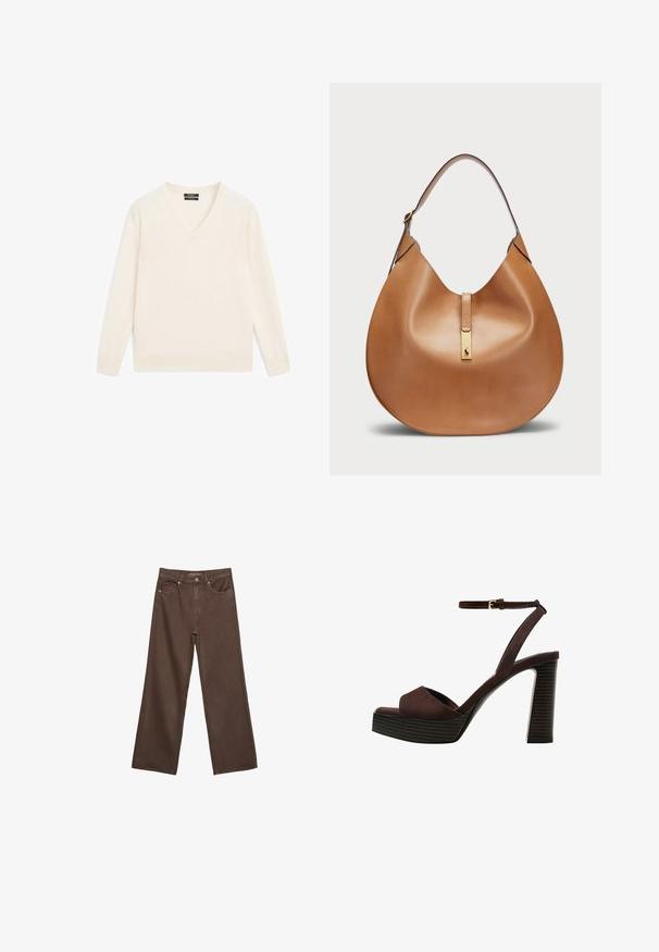 Cremefarbener V-Ausschnitt Pullover aus weichem Stoff, mit langen Ärmeln, gerippten Bündchen und Saum sowie lässiger Passform. Minimalistisches Design ohne Muster.; Weite braune Jeans aus Denim, mit hoher Taille, Fronttaschen und klassischem Knopfverschluss. Glatte Textur mit feinen Nähten.; Braune Wildleder-Pumps mit offenem Zeh, verstellbarem Knöchelriemen und gestreiftem Plateausohlen.; Taschenhandtasche aus braunem Leder mit geschwungener Form und breitem Schultergurt. Sie verfügt über einen goldenen Metallakzent in der Mitte und eine glatte Textur.
