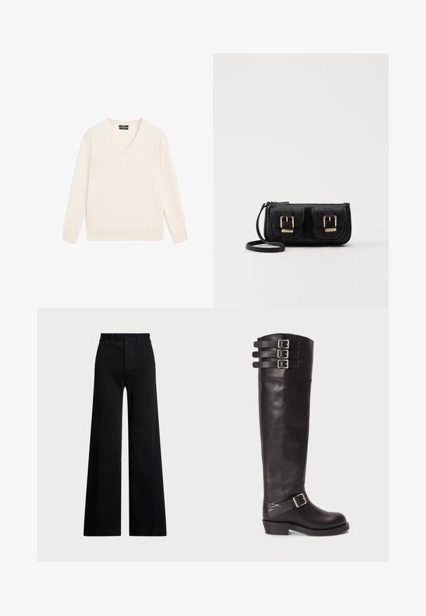 Krämfärgad v-ringad tröja gjord av mjukt tyg, med långa ärmar, ribbade muddar och nederkant, samt en avslappnad passform. Minimalistisk design utan mönster.; Svarta breda byxor i vävt tyg, med hög midja, knappstängning fram och sidfickor. Slät textur med rena linjer.; Svart läderstövel upp till knäna med rund tå, tre remmar med spännen upptill och en sidospänne-detalj. Platt sula och slät yta.; Svart läderaxelväska med två framfickor, guldspännen, dragkedjestängning och en smal rem. Texturerad yta och kompakt rektangulär form.