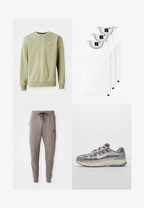 Sudadera de color verde oliva claro con un escote redondo, mangas largas y un pequeño logo Jumpman blanco en el pecho, hecha de una tela suave.; Tres camisetas sin mangas de algodón de color blanco con canalé. Cuentan con cuello redondo y pequeñas etiquetas negras cerca del dobladillo. Disponibles en múltiples tamaños.; Pantalones de chándal grises de Nike con cintura ajustable, piernas ajustadas, bolsillos laterales y costuras distintivas. Tejido suave y texturizado.; Zapatilla deportiva gris con parte superior de malla y ante, acentos blancos, suela acolchada y un diseño distintivo con elementos reflectantes.