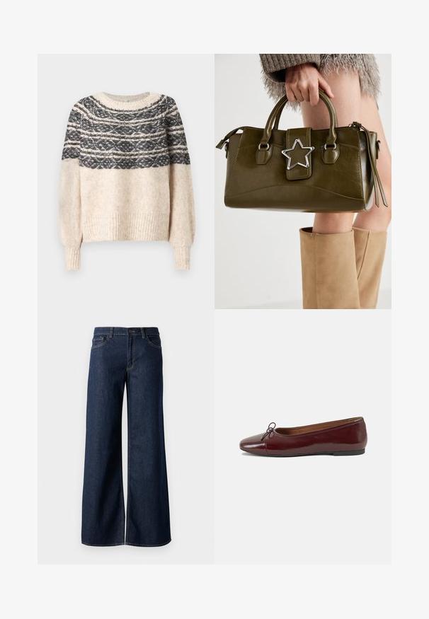 Kremno in črno pleten pulover z vzorčastim ješkom, rebrastimi manšetami in robom, prikazan na enostavni podlagi.; Široke hlače iz temnega modrega denima. Imajo kontrastno šivanje, pet žepov in gumbasto zapiranje v pasu. Gladka tekstura.; Burgundska patenti usnjeni baletni čevlji z zaobljenim prstom, majhnim lokom na sprednji strani in nizkim črnim gumijastim podplatom. Gladka tekstura.; Olivnozeleno usnjeno ročno torbico z srebrno zvezdo, dvema ročajema in zadrgo. Teksturna površina in strukturirana oblika.