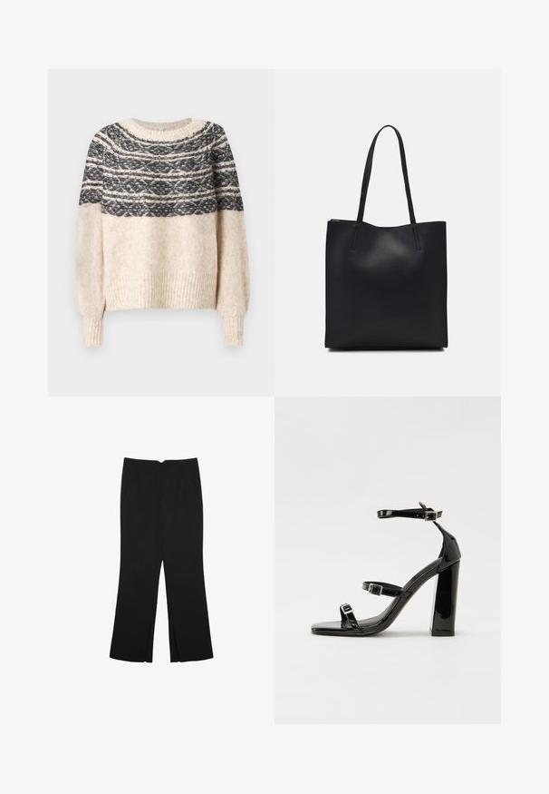 Cremefarbener und schwarzer gestrickter Pullover mit gemustertem Schulterbereich, gerippten Bündchen und Saum, vor einem schlichten Hintergrund präsentiert.; Schwarze Hose mit geradem Schnitt, ausgestattet mit Fronttaschen und Seitenschlitzen am Saum. Hergestellt aus weichem, glattem Stoff. Geeignet für verschiedene Anlässe.; Schwarze Lackleder-Sandalen mit hohen Absätzen, zwei Riemen mit Schnallen, quadratischer Zehenpartie und klobigem Blockabsatz, mit einer glatten, glänzenden Textur.; Schwarze Laptoptasche aus Leder mit glatter Textur, rechteckiger Form und zwei langen Griffen. Keine sichtbaren Beschläge oder Verzierungen.