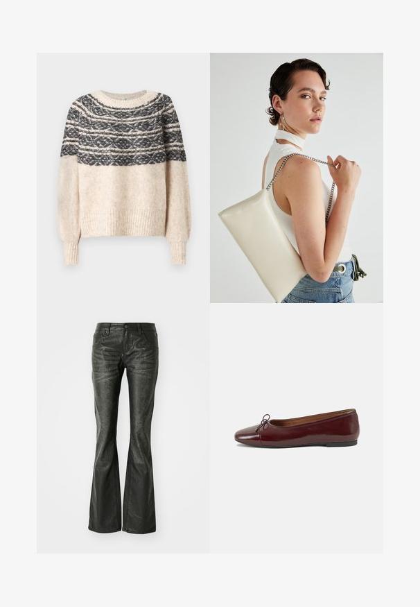 Pulover tricotat crem și negru cu yoke modelat, manșete și tiv cu nervuri, prezentat pe un fundal simplu.; Jeans din piele ecologică negri, cu buzunare frontale, închidere cu buton metalic și o suprafață ușor texturată. Croială dreaptă cu tăiere lungă.; Balerini din piele patent burgund cu vârful rotund, accent de fundiță mică în față și talpă joasă din cauciuc negru. Textură netedă.; Geantă de clutch rectangulară albă, realizată dintr-un material lucios, având o curea de lanț argintie. Modelul pozează, evidențiind geanta pe un fundal simplu.