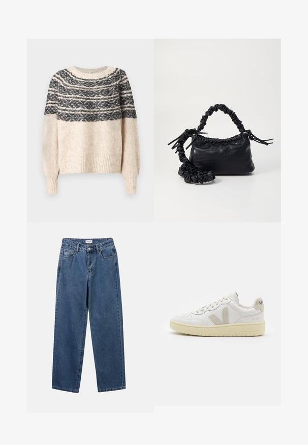 Cream and black knitted sweater with patterned yoke, ribbed cuffs, and hem, displayed against a plain background.; Classic blue denim jeans with a straight-leg design, five pockets, and a button closure. Features a medium wash and sturdy texture.; White leather sneaker with beige suede accents, perforated toe box, flat laces, and a textured cream sole. Features subtle branding on heel.; Black faux leather handbag with a crocodile texture, cinched top, and a scrunched strap. Appears soft and compact in design.