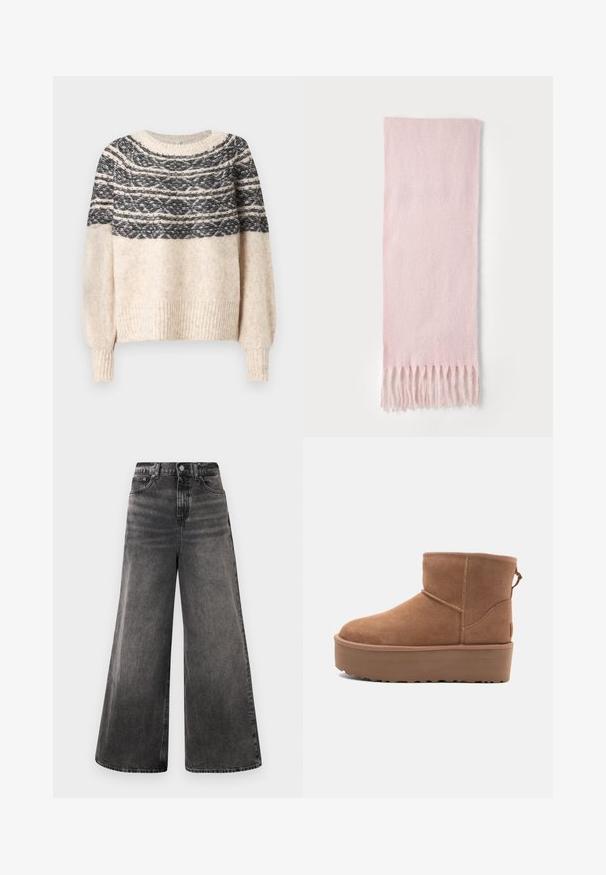 Cremefarget og svart strikket genser med mønstret yoke, ribbestrikkede mansjetter og hem, vist mot en enkel bakgrunn.; Bredde ben svarte denim jeans med falmet vask, fem-lommers design og knappelukking i livet, med sømdetaljer.; Lys brun semsket ankelstøvel med platåsåle, rund tå og sømdetaljer; har en pull-tab bak for enkel påkledning.; Rosa skjerf laget av mykt stoff, med en jevn tekstur og frynsete ender. Designet er rektangulært, med en enkel, ensfarget stil.