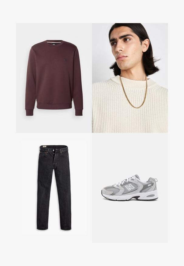 BOSS SHARPE - Sweatshirt - open red; Svarta denimjeans med rak passform. Har fem fickor, två framknäppningar med knapp och subtil kontrasterande sömnad. Matt yta.; Grå sportskor med en överdel av mesh och mocka, vita snören och en svart sula. Har en framträdande "N"-logotyp och vadderad krage.; Guldhalsband bärs över en krämfärgad ribbad stickad tröja; mjuk textur med hög krage och ett subtilt mönster i tyget.