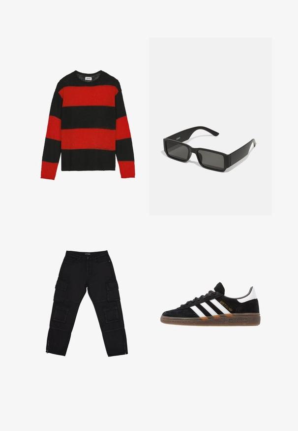Prugasti pulover iz mehke pletenine z drznimi rdečimi in črnimi črtami. Okrogla izreza, dolgi rokavi in sproščen kroj. Brez vidnih dodatkov ali okrasitev.; Črne vojaške hlače iz trpežnega materiala, ki imajo več cargo žepov, z zadrgami na gležnjih in ravnimi nogami z rahlimi šivi.; Črne Adidas superge z belimi črtami, zlatim napisom "Spezial", gumo podplatom in belim petnim delom, prikazane v stranskem pogledu.; Črne sončne očala z pravokotnimi lečami, mat plastični okvir in ravne robove. Izdelki imajo logotip blagovne znamke na notranji strani ročaja.