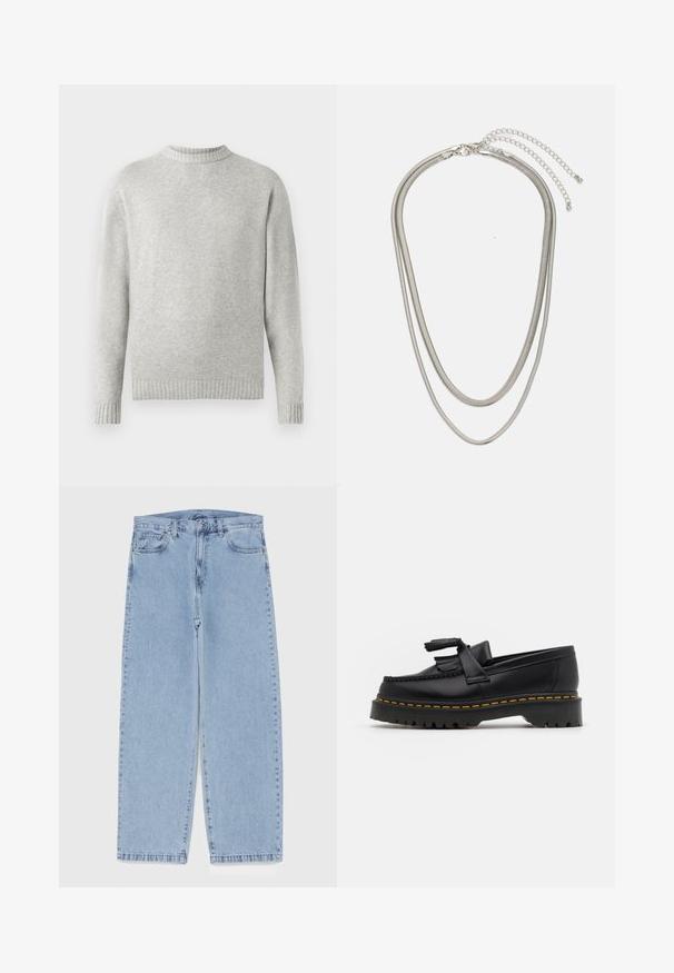 Ljusgrå tröja i mjukt tyg, med ribbat rundhals och ribbade muddar och fåll. Minimalistisk design, långa ärmar.; Ljusblå denimjeans med rak bendesign, midjehög midja, fem fickor samt knapp- och dragkedjestängning.; Svart läderloafer med en tofsdetalj, med en kraftig svart sula och gul söm längs kanten. Strukturerad yta.; Tre-lager silvermetallhalsband med eleganta, flexibla kedjor med en svag glans, säkrad med ett kräftklämma och justerbar kedja.