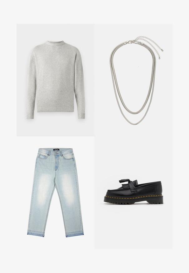 Maglione grigio chiaro realizzato in tessuto morbido, con collo rotondo a coste e polsini e orlo a coste. Design minimalista, maniche lunghe.; Pegador BARROW - Jeans loose fit - sand washed blue; Mocassino in pelle nera con un'accento a frange, dotato di una suola nera spessa e cuciture gialle lungo il bordo. Finitura testurizzata.; Collana in metallo argentato a tre strati caratterizzata da catene sottili e flessibili con una leggera lucentezza, fissata con un gancio a molla e una catena regolabile.