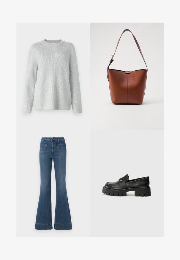 Hellgrauer, gerippter Strickpullover mit Rundhalsausschnitt, langen Ärmeln und lässiger Passform. Die Textur wirkt weich und leicht elastisch.; Ausgestellte blaue Jeans in mittlerem Waschungsstil mit hoher Taille, fünf Taschen und leichter Ausbleichung um die Knie und Oberschenkel.; Schwarze Lederloafers mit einer klobigen Sohle, die an der Vorderseite ein goldfarbenes Akzent und eine glatte Oberfläche aufweisen. Klobiges Profil-Design auf der Sohle.; Braune Leder-Schultertasche mit geschwungener Form, glatter Textur und einem einzelnen dünnen Trageriemen. Verfügt über eine dezente Naht und ein kleines Logodetail.