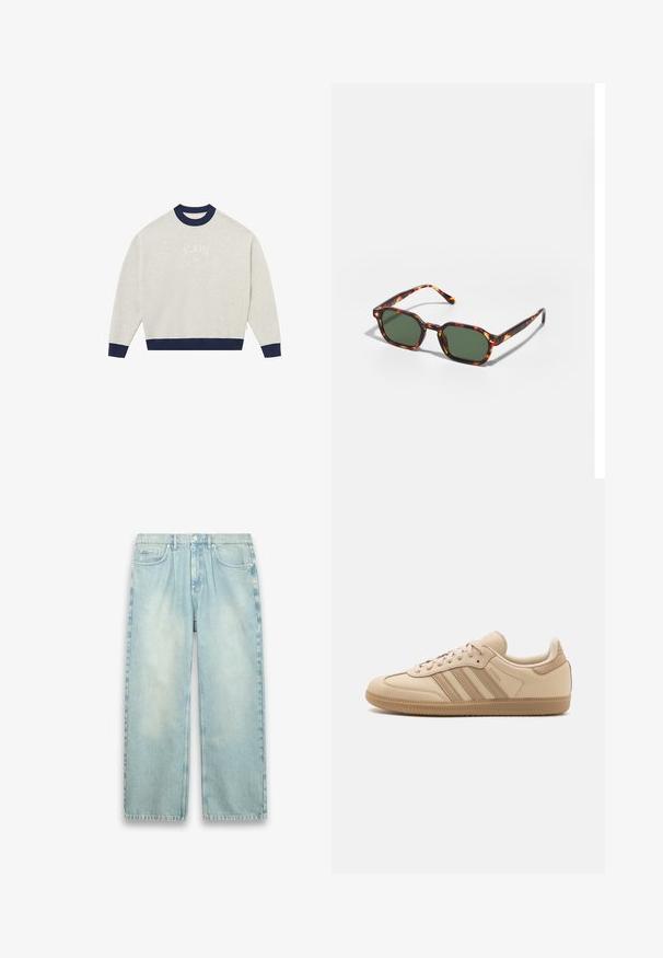 Felpa grigia chiaro con collo e polsini a coste blu navy. Presenta il testo "BLKVLS NY" in bianco ad arco sul petto.; Jeans in denimazzurro chiaro con taglio dritto e gamba larga. Le caratteristiche includono cinque tasche, patta con bottone e una texture scolorita con variazioni sottili.; Sneakers in pelle beige con tre strisce orizzontali, punta rotonda, suola piatta in gomma marrone e rivestimento in tessuto morbido sul colletto e sulla linguetta.; Occhiali da sole tartarugati con lenti verdi, dotati di una forma ottagonale e bracci sottili e curvi. Il materiale ha una finitura lucida.