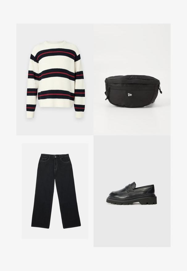 Striped sweater in cream, featuring navy and red horizontal stripes. Made of thick knit material, with long sleeves and a crew neck.; Black denim wide-leg pants feature a high waist, front pockets, and contrasting stitching. The fabric has a smooth, slightly textured finish.; Black leather loafers with a rounded toe, featuring a low, chunky rubber sole with a patterned tread and a folded strap detail on the vamp.; Black waist bag made of nylon; features a front zipper pocket, adjustable strap, and a logo patch. Rounded shape with a smooth texture.