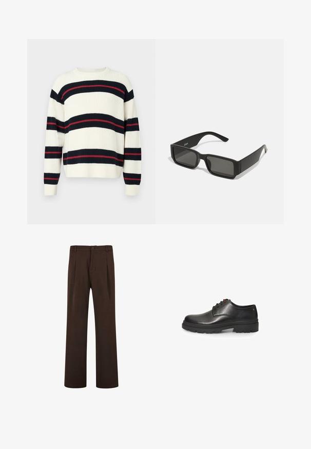 Raido neulepaita kermanvärisenä, jossa on tummansinisiä ja punaisia vaakaraitoja. Valmistettu paksusta neulomateriaalista, pitkillä hihoilla ja pyöreällä kaula-aukolla.; Ruske hlače s ravnim nogavicama, opremljene kopčanjem na gumbom i nabranim detaljima, izrađene od glatkog materijala. Bez vidljivih džepova ili uzoraka.; Bata Nauhakengät - Black; Musta aurinkolasit suorakulmaisine linsseineen, matasta muovista valmistettu kehys ja suorat reunat. Sisähaara on varustettu merkkilogolla.