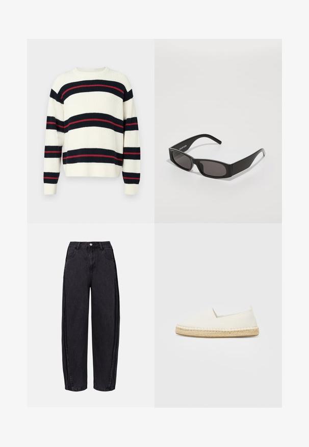 Stribet sweater i creme, med marineblå og røde vandrette striber. Lavet af tykkere strikket materiale, med langeærmer og rund hals.; Sorte vidde jeans lavet af denim med en glat tekstur. Har højt liv, forlommer og knappelukning i taljen.; Hvide lærred espadrille sko med en sål af jute reb, rund tå og elastiske sider for nem på- og aftagning. Flad design, minimalistisk stil.; Sorte rektangulære solbriller med mørke linser, en glat plastikramme og et subtilt logo på venstre arme. Minimalistisk design.
