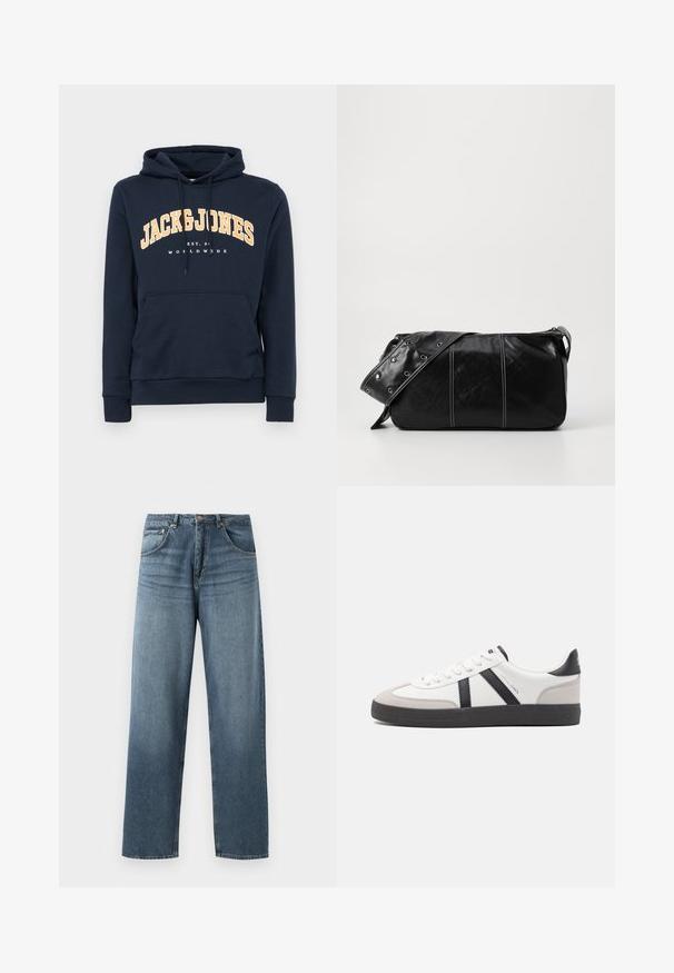 Tumed sinine kapuutsiga, millel on ees tasku ja kummiköied, ning valge logo tekst "JACK & JONES" kollasena kaarjalt rinna kohal.; Sirged sinise denimist teksad sirgjoonesega, heledama pesuga, viie tasku disainiga, metallnööpide ja vöörihmadega. Kindel, keskmise raskusega kangas.; Valged tossud mustade ja hallide aktsentidega, tekstureeritud halli varbakattega, musta kummitald ja lamedad valged paelad. Puhtad jooned, minimalistlik stiil.; Must mustra nahkainine õlakott, millel on tõmblukk, tekstureeritud pind, valged õmblused ja rihm hõbedaste rõngastega.