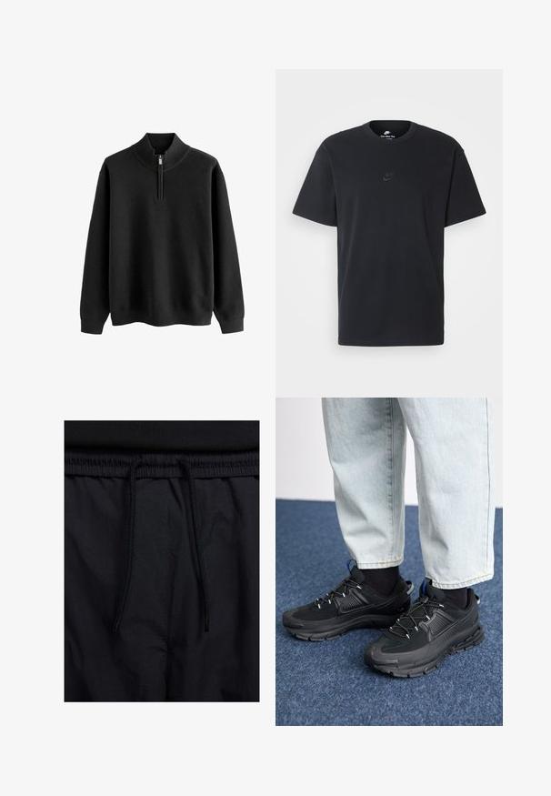 Sweater negru, cu guler cu fermoar, textură tip waffle și mâneci lungi; prezintă mansete și tiv ribbtate.; Tricou din bumbac negru Nike, cu guler rotund clasic, mâneci scurte și un logo subtil embosat pe piept. Textură netedă.; Șorturi negre cu un brâu reglabil, dintr-un material ușor cu o textură netedă și un design simplu, fără logo-uri sau modele vizibile.; Pantofi sport negri, cu țesătură texturată și tălpi din cauciuc, având șireturi elastice și un accent albastru pe toc. Purtați cu pantaloni din denim deschis.