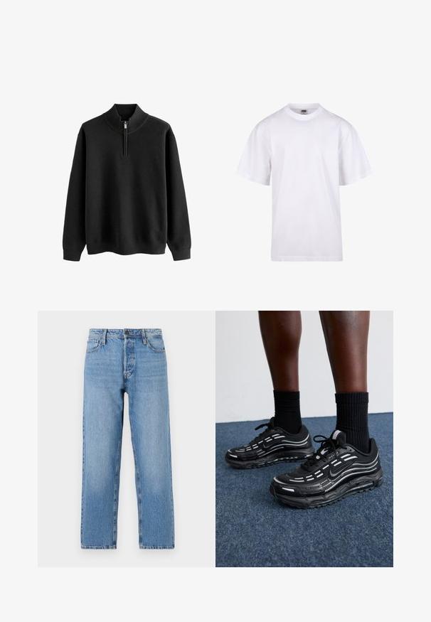 Melnā džemperī ar rāvējslēdzi apkaklē, viļņota trikotāžas tekstūra un garām piedurknēm; funkcijas ribotas aproces un apakšmala.; Balts kokvilnas T-krekls ar apaļu kakla izgriezumu, īsām piedurknēm un brīvu piegriezumu. Tam ir vienkāršs dizains bez rakstiem vai akcentiem.; Gai zilu džinsi ar taisnu kāju dizainu, ar pogu un rāvējslēdzēju, piecu kabatu stilā un vieglu nolietojumu.; Melni Nike apavi ar sietveida augšdaļu, akcentējošām svītrām, teksturētām šņorēm un melnu gumijas zoli. Valkāti ar melniem ribota auduma zeķēm.