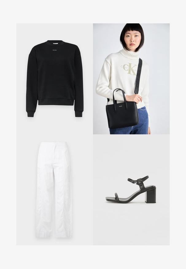 Črna majica s kapuco, okroglim izrezom, dolgimi rokavi in ribastimi manžetami. Ima majhen bel logotip na prsih. Mehka mešana bombažna tkanina.; Bela široka hlače iz lahkega materiala, ki se ponašajo z gladko teksturo, čistimi linijami in visokim pasom.; Črne usnjene sandale z blok peto, širokim trakom čez prste in nastavljivim trakom okrog gležnja, z elegantnim, minimalističnim dizajnom.; Črna usnjena torba z dvema zgornjima ročajema in odstranljivim naramnim trakom. Ima srebrni logotip spredaj in gladko teksturo.